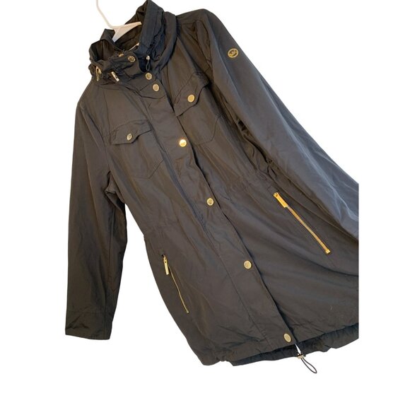 Michael Kors Black Hood Coat L Gold Zip Rain Wind Transition RR10487 Mid EUC - Picture 1 of 16